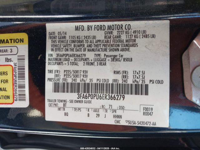 3FA6P0PU6ER366279 Ford Fusion Energi Se Luxury