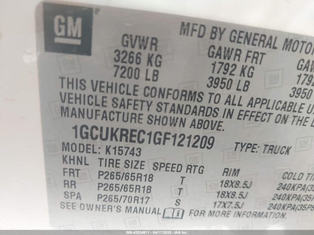 1GCUKREC1GF121209 Chevrolet Silverado 1500 1lt