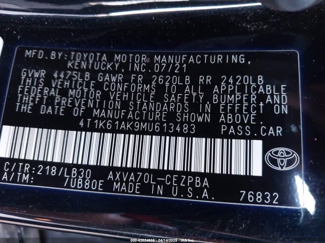 4T1K61AK9MU613483 Toyota CAMRY XSE