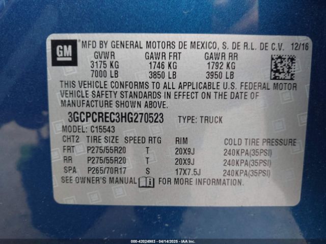 3GCPCREC3HG270523 Chevrolet Silverado 1500 1lt