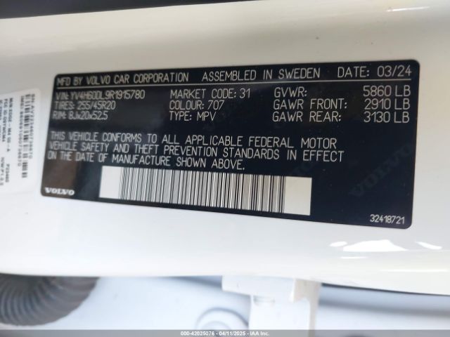 YV4H60DL9R1915780 Volvo Xc60 Recharge Plug-in Hybrid T8 Plus Dark Theme