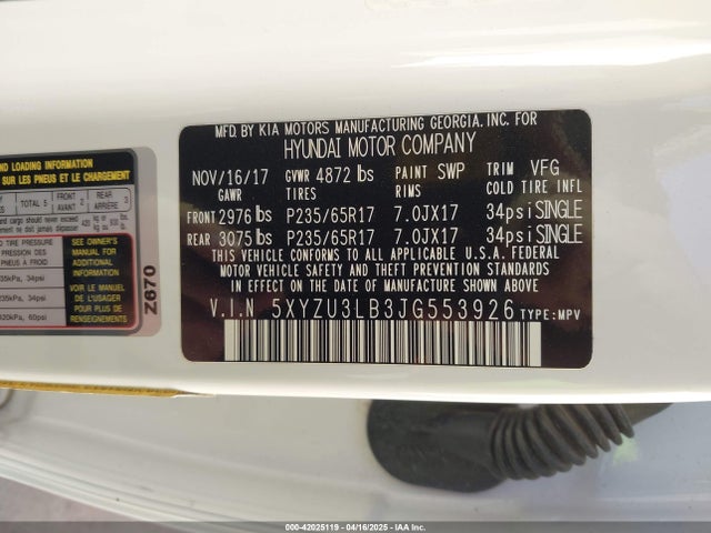 5XYZU3LB3JG553926 Hyundai Santa Fe Sport 2.4l