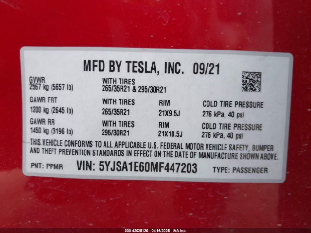 5YJSA1E60MF447203 Tesla Model S Plaid Tri Motor All-wheel Drive