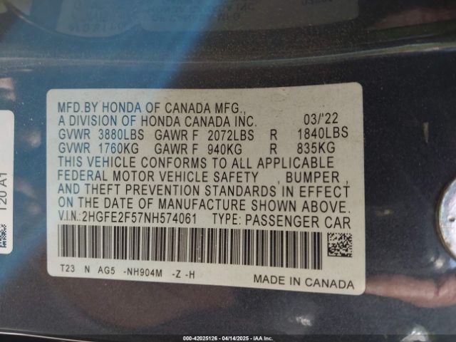 2022 HONDA CIVIC 2HGFE2F57NH574061 Photo 8