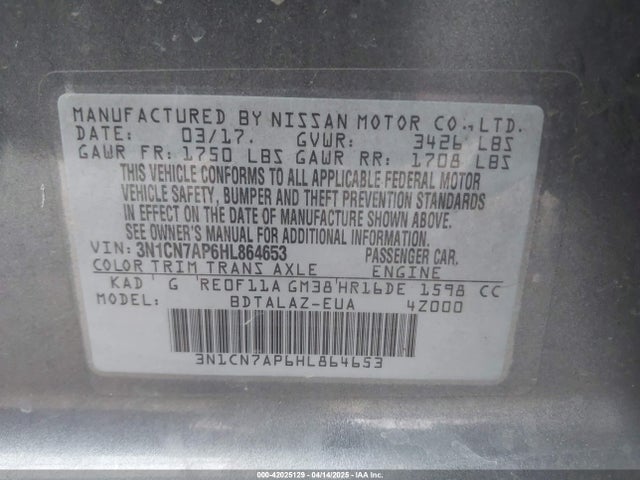 3N1CN7AP6HL864653 Nissan Versa 1.6 S+