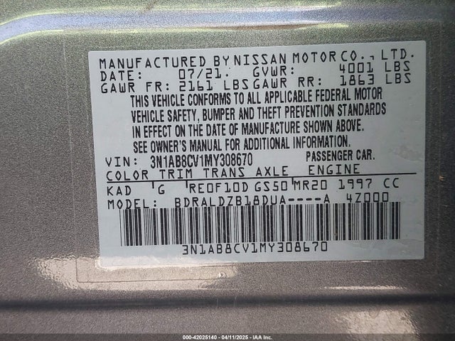 3N1AB8CV1MY308670 Nissan Sentra Sv Xtronic Cvt