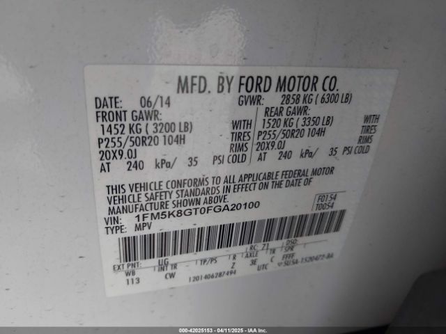 1FM5K8GT0FGA20100 Ford EXPLORER SPORT