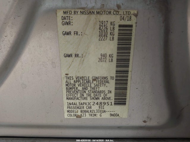 1N4AL3APXJC248951 Nissan Altima 2.5 Sl