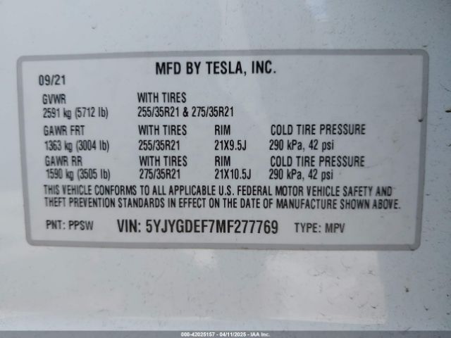 5YJYGDEF7MF277769 Tesla Model Y Performance Dual Motor All-wheel Drive