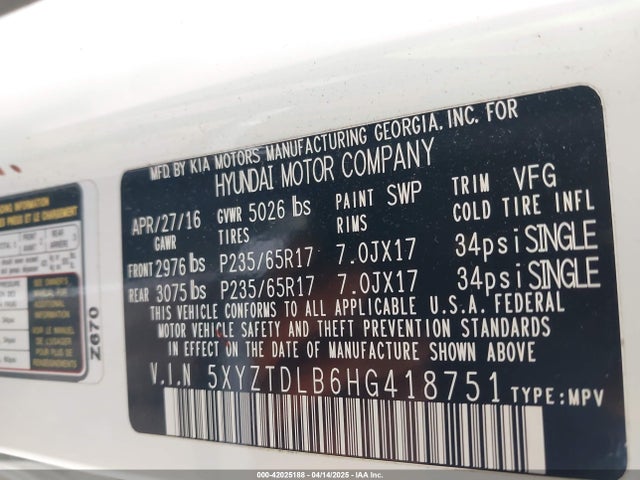 5XYZTDLB6HG418751 Hyundai Santa Fe Sport 2.4l