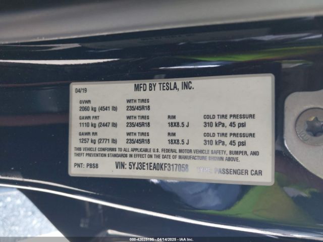 5YJ3E1EA0KF317058 Tesla Model 3 Long Range/mid Range/standard Range/standard Range Plus