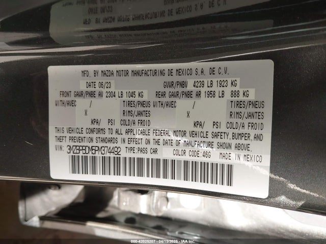 3MZBPBDM5PM374492 Mazda Mazda3 2.5 S Premium