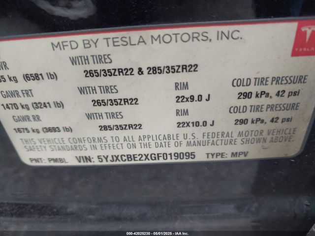 5YJXCBE2XGF019095 Tesla Model X 60d/70d/75d/90d/p100d