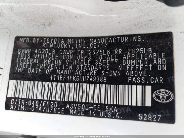 4T1BF1FK6HU749388 Toyota CAMRY SE