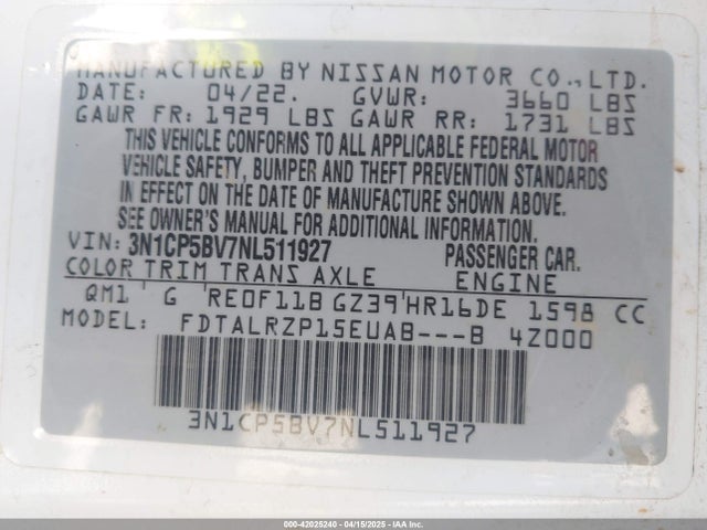 3N1CP5BV7NL511927 Nissan Kicks S Xtronic Cvt
