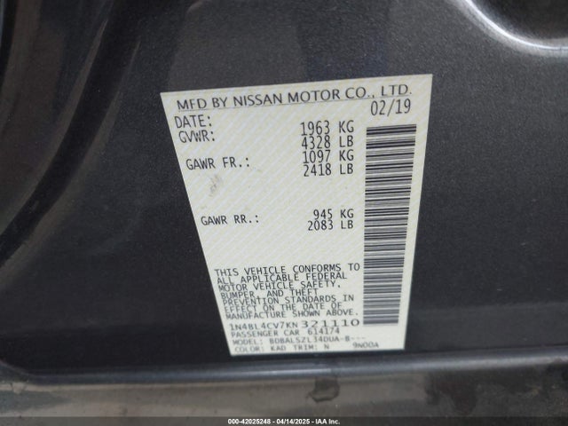 1N4BL4CV7KN321110 Nissan 2019