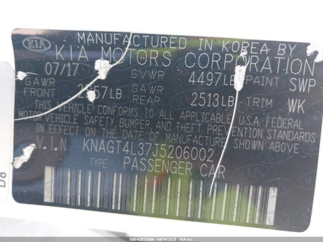 KNAGT4L37J5206002 KIA Optima Lx