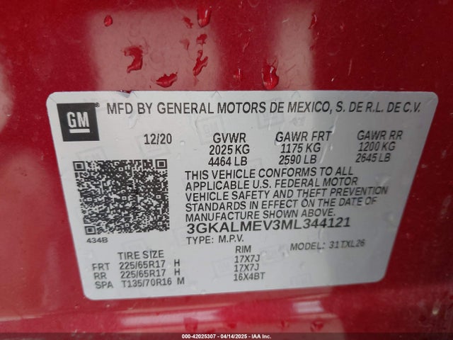 3GKALMEV3ML344121 GMC Terrain Fwd Sle