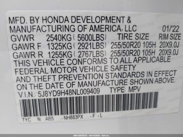 5J8YD9H48NL009409 Acura Mdx Technology Package