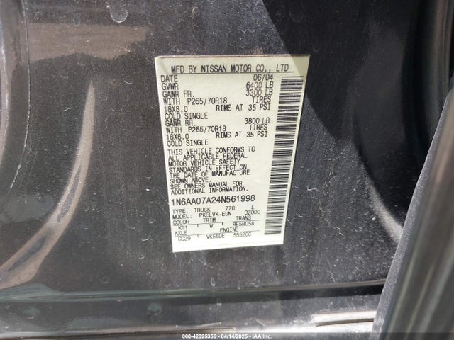 2004 Nissan Titan Le მანქანა იყიდება აუქციონზე, vin: 1N6AA07A24N561998, აუქციონის ნომერი: 42025356