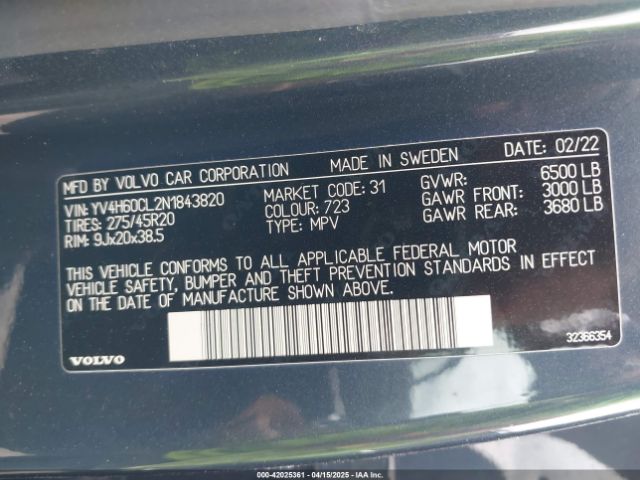YV4H60CL2N1843820 Volvo Xc90 Recharge Plug-in Hybrid T8 Inscription Extended Range 6p