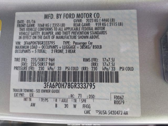 3FA6P0H78GR333795 Ford FUSION SE