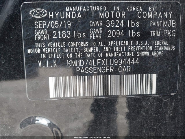 KMHD74LFXLU994444 Hyundai ELANTRA SE