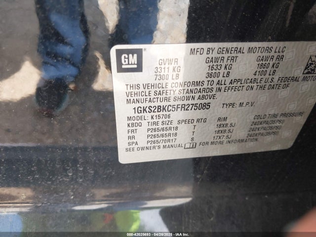 1GKS2BKC5FR275085 GMC YUKON SLT