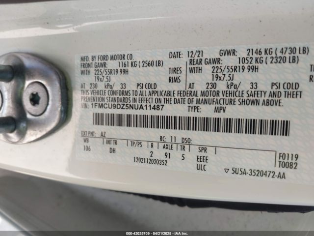 1FMCU9DZ5NUA11487 Ford Escape Titanium Hybrid