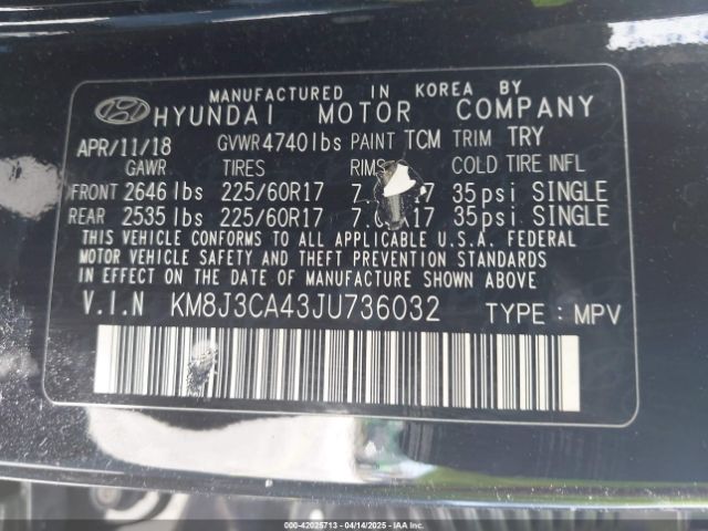 KM8J3CA43JU736032 Hyundai Tucson Sel Plus