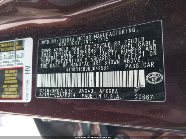 4T1BD1EB9GU049581 Toyota Avalon Hybrid Xle Premium