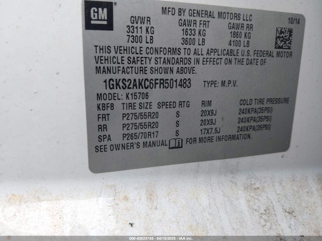 42025745 :رقم المزاد ، 1GKS2AKC6FR501483 vin ، 2015 Gmc Yukon Sle مزاد بيع