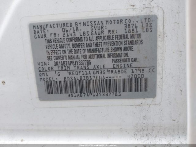 3N1AB7AP6JY337785 Nissan SENTRA S