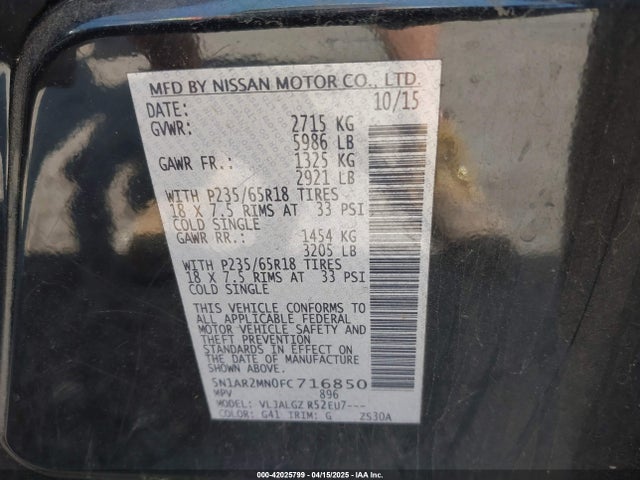 Nissan Pathfinder Sl 2015 5N1AR2MN0FC716850 Image 9
