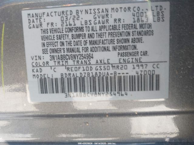 3N1AB8CV8NY254964 Nissan SENTRA SV