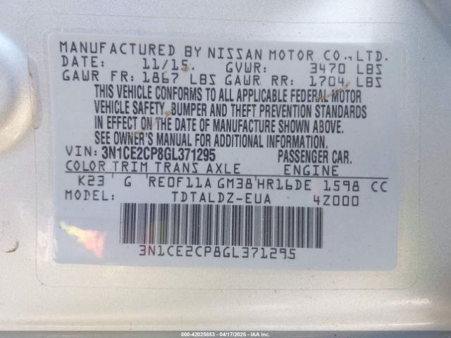 3N1CE2CP8GL371295 Nissan VERSA NOTE