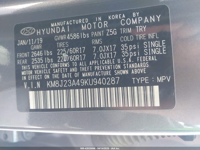 KM8J23A49KU940287 Hyundai TUCSON SE
