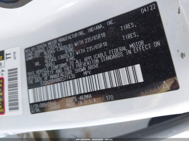 5TDHZRBH8NS577430 Toyota Highlander Xle