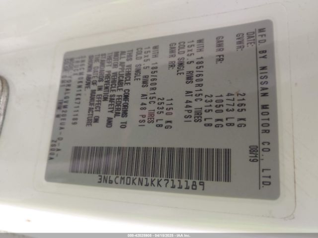 3N6CM0KN1KK711189 Nissan NV200 SV