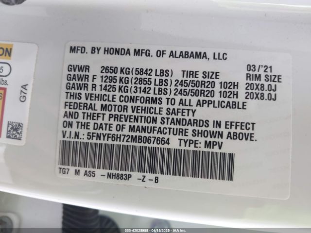 5FNYF6H72MB067664 Honda Pilot Awd Black Edition
