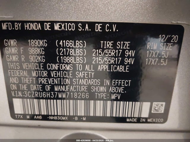 3CZRU6H37MM718266 Honda Hr-v Awd Lx