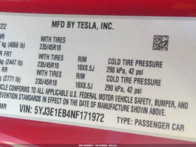 5YJ3E1EB4NF171972 Tesla Model 3 Long Range Dual Motor All-wheel Drive