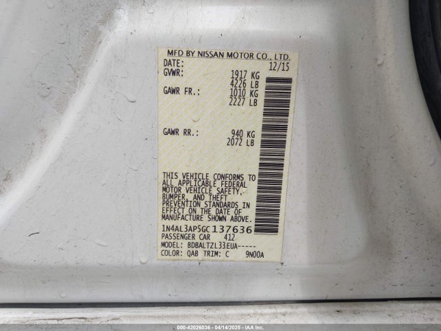 1N4AL3AP5GC137636 Nissan Altima 2.5 Sl