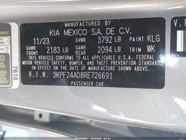 3KPF24AD8RE726691 KIA Forte Lxs
