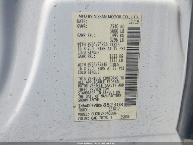 1N6AD0EV8KN882308 Nissan Frontier Pro-4x