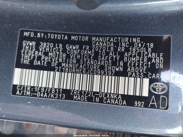 2T1BURHE6JC099397 Toyota COROLLA LE