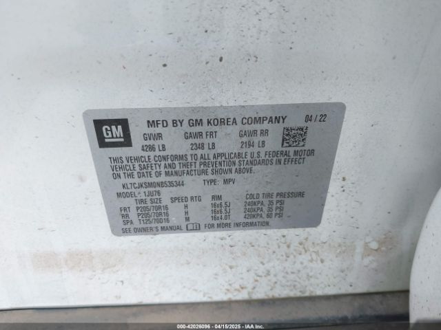KL7CJKSM0NB535344 Chevrolet Trax Fwd Ls