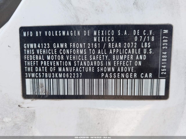 3VWC57BU3KM062237 Volkswagen Jetta 1.4t R-line/1.4t S/1.4t Se