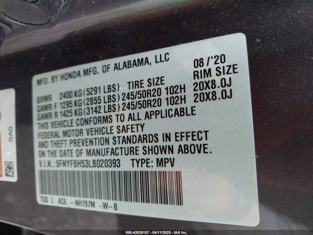 5FNYF8H53LB020393 Honda Passport Awd Ex-l