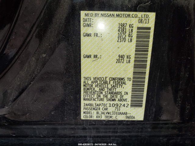 1N4BL3AP7EC109242 Nissan Altima 3.5 Sl